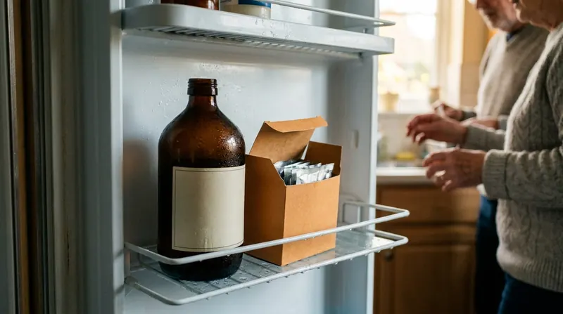 A refrigerator door shelf with an old amber fish oil bottle and a new box of foil packets side by side