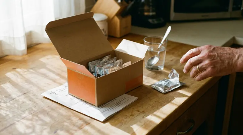 A kitchen counter with an open box of foil packets and a torn one beside a glass of water