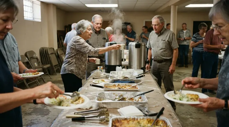 A church basement potluck table with coffee urns and casserole dishes