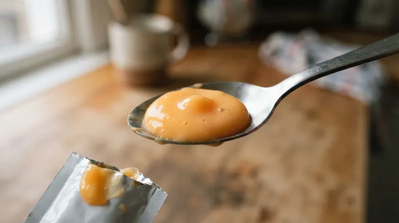 A spoon holding a thick orange cream being squeezed from a foil packet
