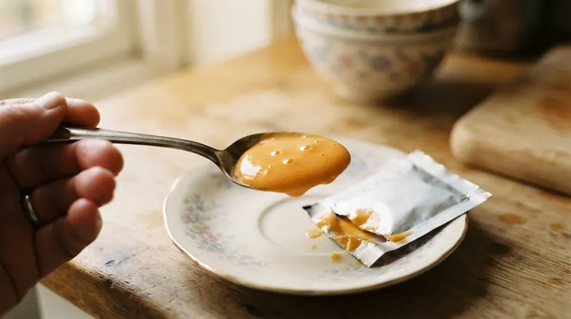 A tablespoon holding thick orange emulsion cream beside a torn foil packet