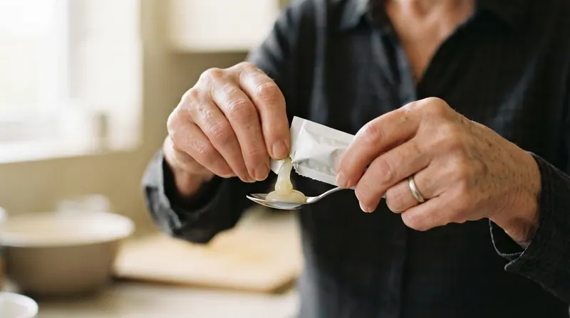 An older woman's hands tearing a small foil packet over a spoon