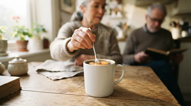 A black coffee mug with a faint orange swirl being stirred