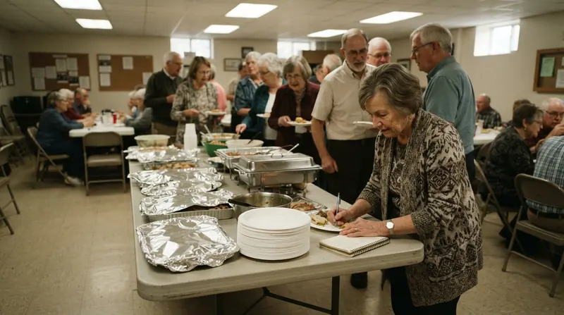 A church basement potluck table with casseroles and one woman writing in a notebook