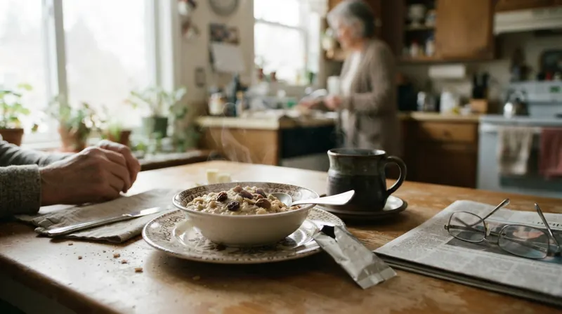 A breakfast table with oatmeal, coffee and one foil packet by the plate