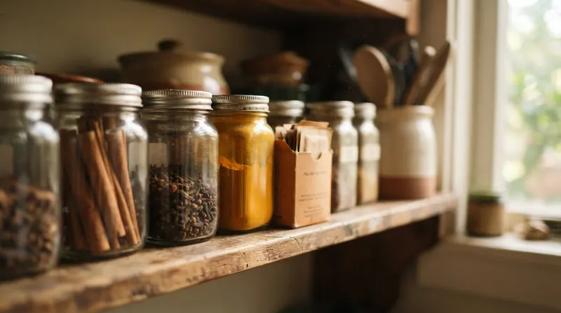 A kitchen shelf with a spice rack and the box of packets among the jars