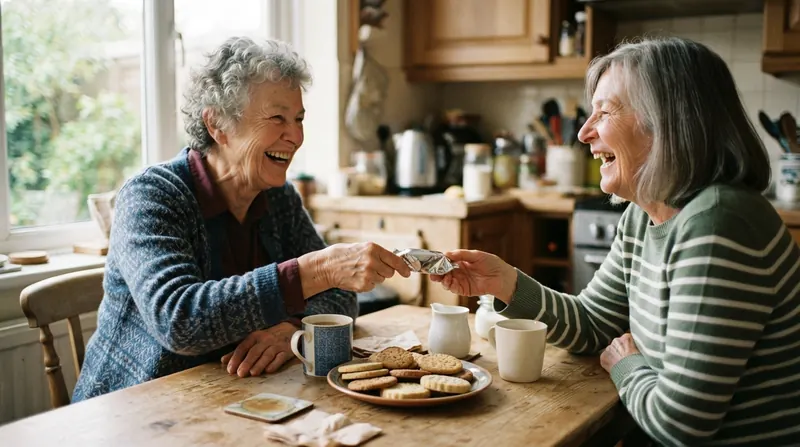 Two older friends laughing over coffee at a kitchen table