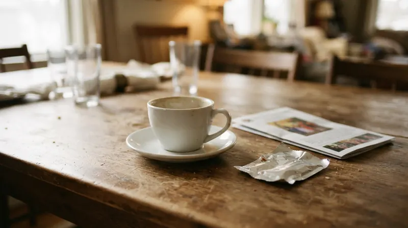 A cleared Sunday dinner table with one coffee cup and a folded church bulletin