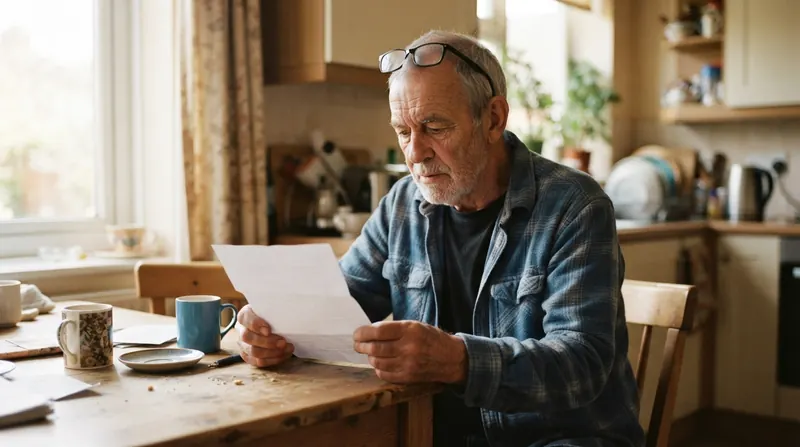An older man reading a letter at a kitchen table with two mugs