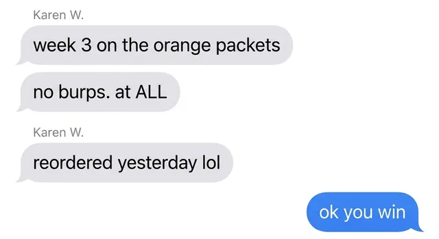 Screenshot of a text message from Karen W. about the orange packets